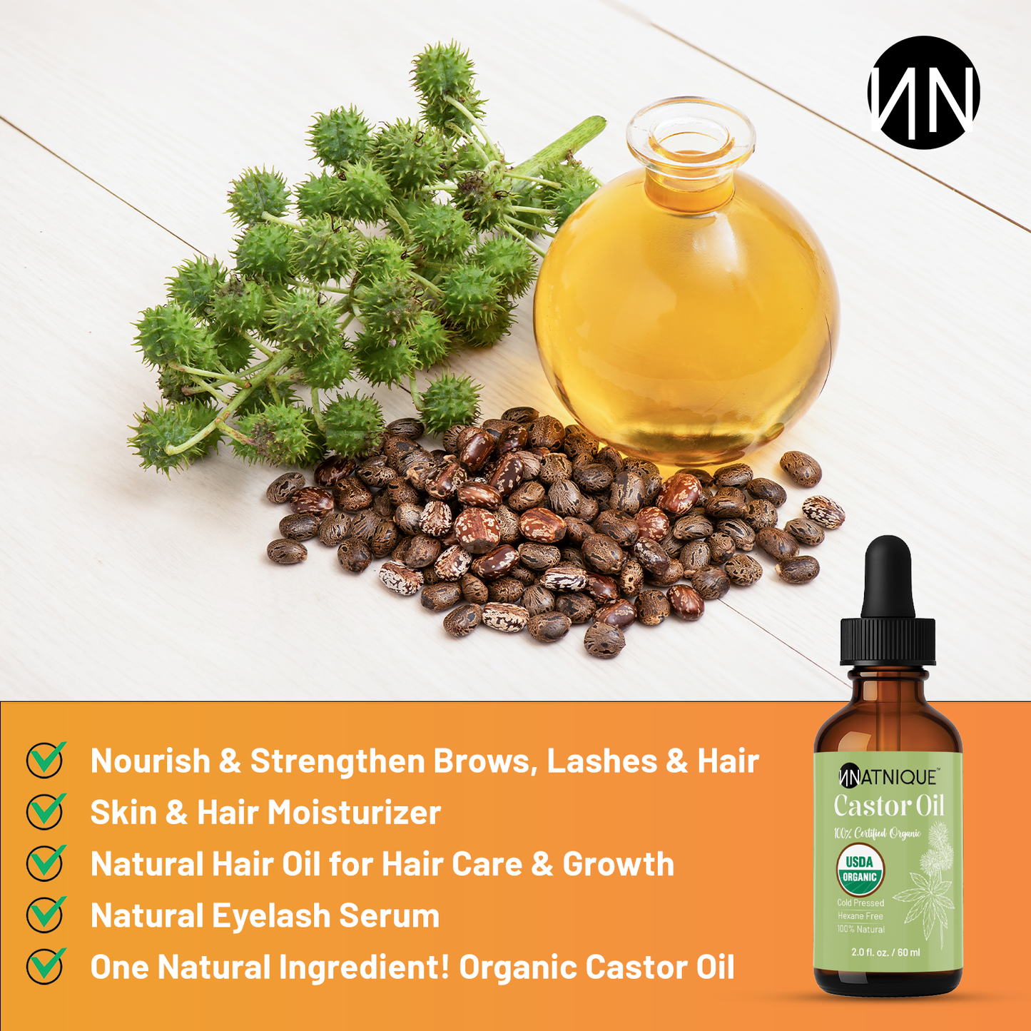 Natnique Castor Oil - USDA Certified Organic (2 Oz)