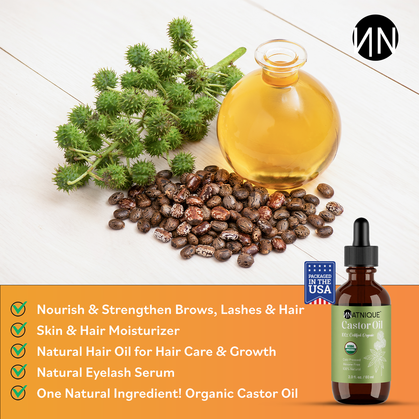 Natnique Castor Oil - USDA Certified Organic (2 Oz)