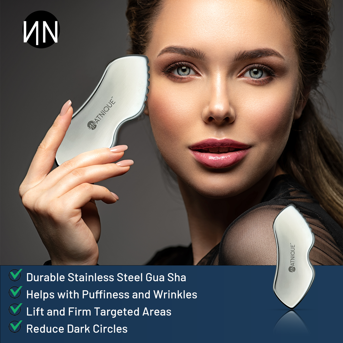 Stainless Steel Board Gua Sha Tool for Body, Neck, Eyes. Massager with Travel Pouch