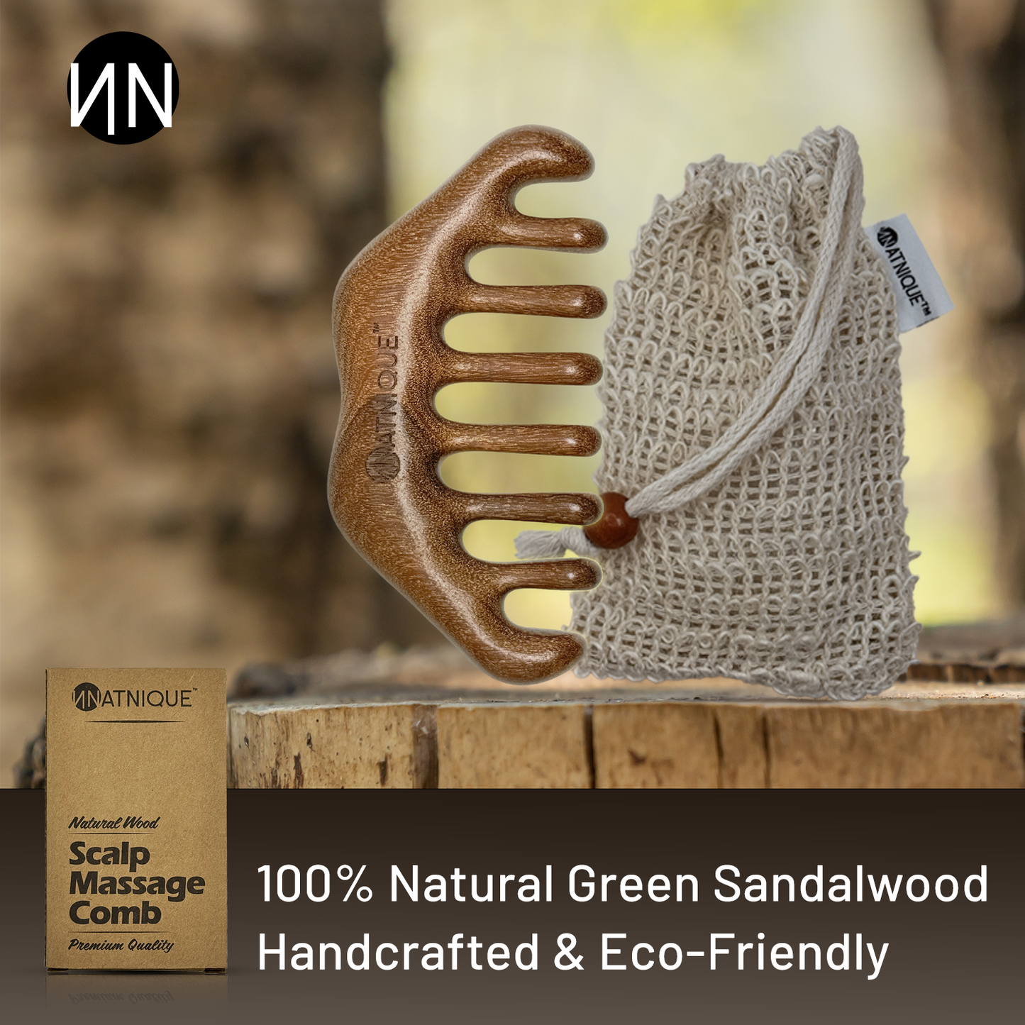 Natnique Wooden Scalp Massager – Handmade 100% Natural Green Sandalwood Comb with Wide Teeth
